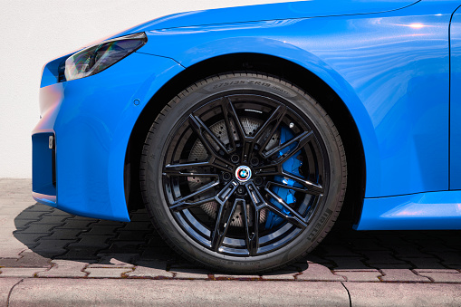 Front wheel of the BMW M2 Coupe, tire Pirelli P Zero ZR19 . Model G87. Close up. Model G87. Engine R6, 3.0L, 460 HP, 550 Nm Katowice, Poland, 10.06.2023
