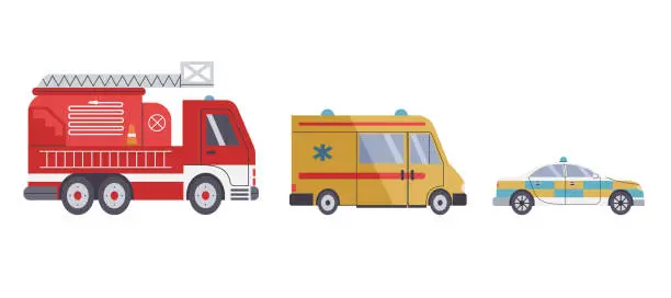 Vector illustration of Emergency services transport, ambulance, police and fire truck