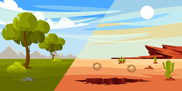 Vector illustration comparing living nature and desert. Cartoon nature scene with blue sky, clouds, green trees, trove, bushes, mountains and desert with boulders, cacti, thorn, sand, crack and sun.