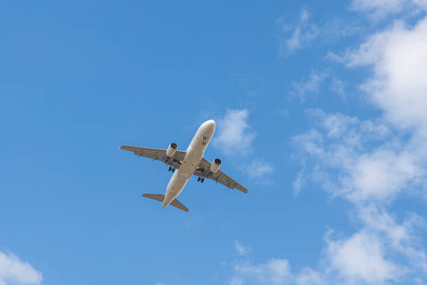 Paris, France - 08 08 2023: White and gray plane with chassis is landing on a landscape background