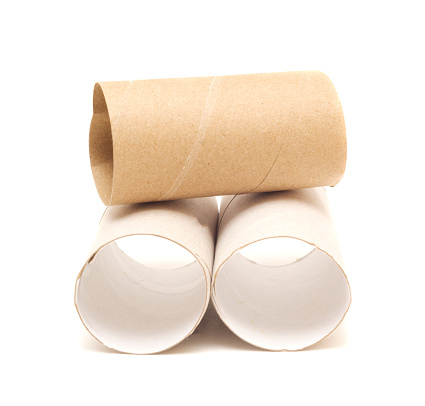 Three empty toilet rolls isolated on white background.