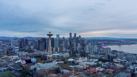 The Seattle, Washington urban skyline at sunset on Christmas