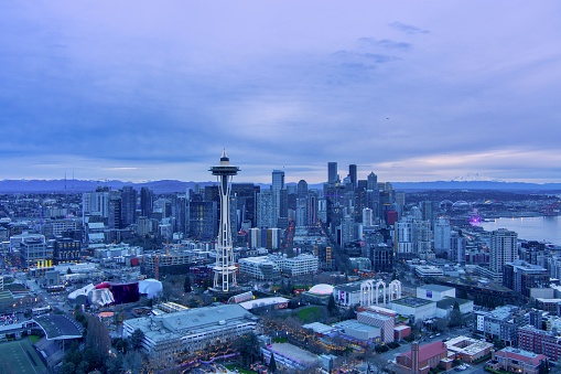 The Seattle, Washington urban skyline at sunset on Christmas