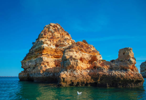 stunningly beautiful rocks in ocean near coast of Algarve in Portugal at sunset golden sun rays . Lagos Porugal