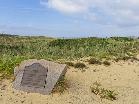 Cape Cod, Massachusetts - USA, October 6, 2023. Site and information plaque of the Marconi first trans-Atlantic wireless radio transmission between President T Roosevelt and King Edward VII in 1903.