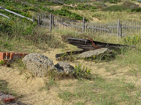 Scattered remains of the historic Marconi wireless Atlantic radio transmission site at the Cape Cod national seashore.