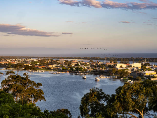 DescriptionHigh angle view of Lakes Entrance , Victoria at sunset