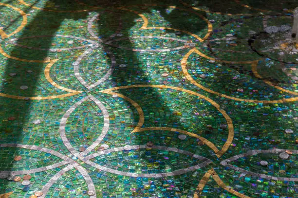 Photo of Close-up view of coins at the bottom of the fountain at The Venetian hotel in Las Vegas, tossed by tourists as a tradition to ensure they return for another visit.