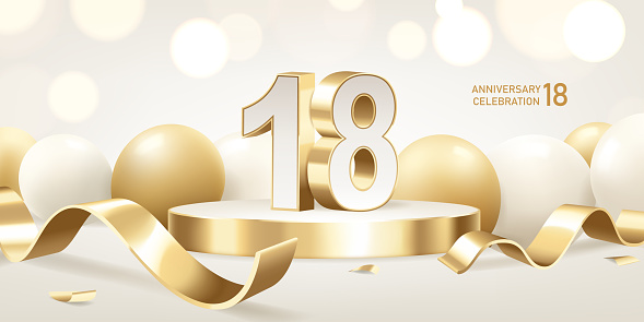 18th Anniversary celebration background. Golden 3D numbers on round podium with golden ribbons and balloons with bokeh lights in background.