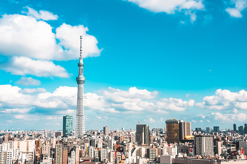 Tokyo Sky tree overlooking rooftops of homes cityscape in Japan