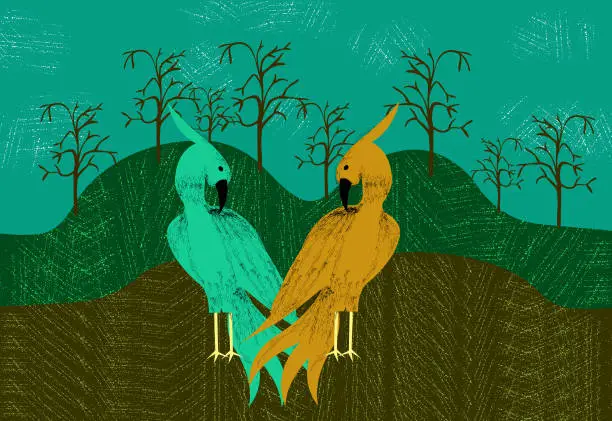 Vector illustration of two pheasants in the field with dry trees