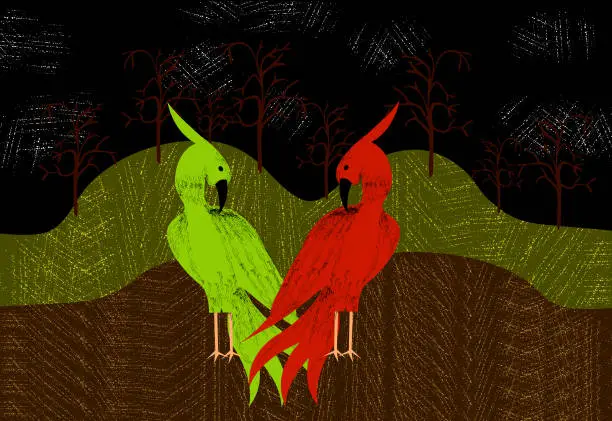 Vector illustration of two pheasants in the field with dry trees