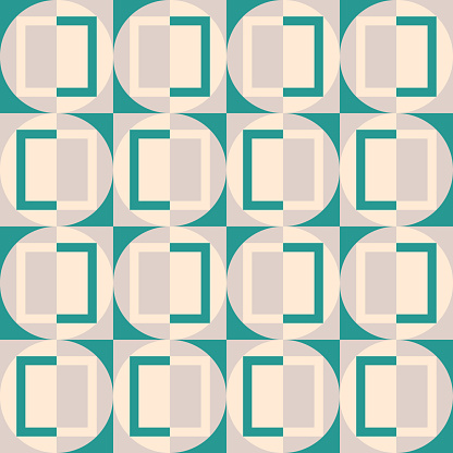 Mid century modern seamless pattern design with geometric shapes. Green teal, gray and beige mod design.