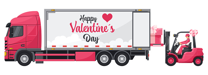 Industrial worker driving a pink forklift loading gift boxes into a container truck for distribution. Cargo logistics campaign and shipping of high demand merchandise for Valentine's Day