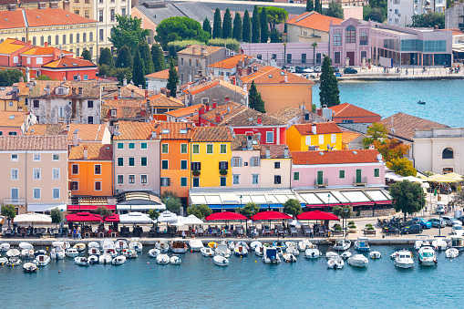 Old town of Rovinj with colorful houses in Croatia . Rovinj aerial view of coastal city