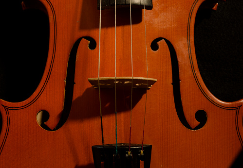 violin close-up on black background. musical instrument of classical and chamber music. wooden violin