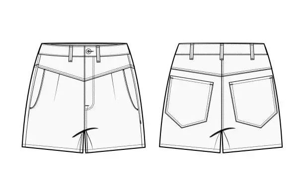 Vector illustration of High-Waisted Denim Shorts Design Template - Vector Illustration Front and Back