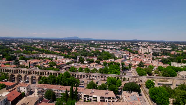 Aerial establishing shot of the saint clement aqueduct in Montpellier
