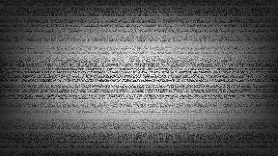 Static noise on the TV screen with a dithering effect and darkening around the edges. Black and white broadcast error background. Abstract vector illustration