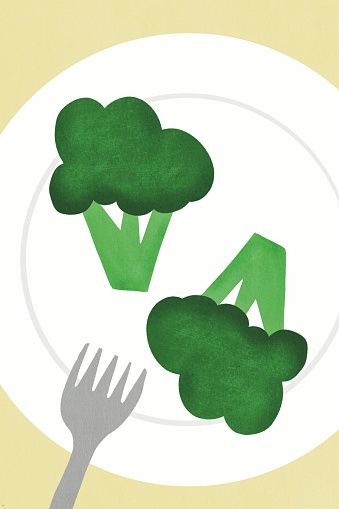 Stylized illustration of broccoli florets on a plate with a fork on a pastel background