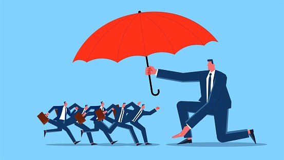 Providing shelter and protection, security and protection, insurance and support in business or career development, help and support from giants, giants with umbrellas for a group of small businessmen