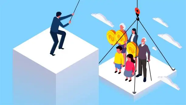 Vector illustration of Men's responsibilities and pressures in the family, supporting parents and children, financial pressures in the family, isometric male businessmen stand at the top of the hierarchy trying to pull up the whole family members