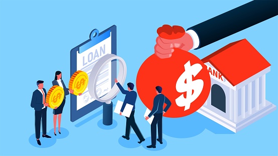 Bank financial loan services, handling loan operations, mortgage loans or mortgages, borrowing money from the bank, isometric traders signing contracts to get money from the bank