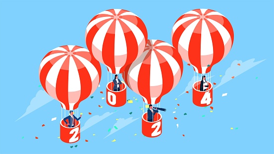 New Year 2024 looking ahead to a new business or career, looking for new business opportunities or career paths, looking forward to the future, isometric businessmen standing on a New Year's hot air balloon observing the distance