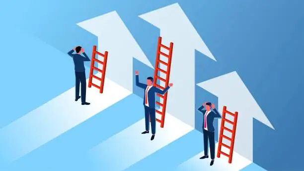 Vector illustration of Different choices face different opportunities, the ladder of success, different growth and height, isometric different heights of the ladder to the businessman to bring different heights of the growth of arrows