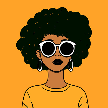 African American pretty woman in sunglass. Female vector portrait. Confidence girl with dark skin and curly hair