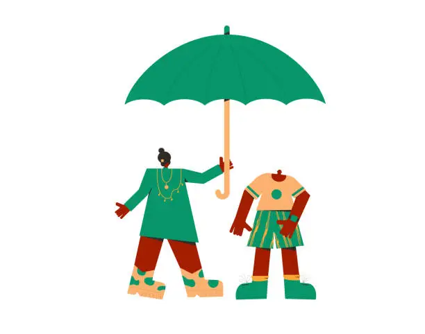 Vector illustration of Female and male persons wearing in casual clothes standing together under an umbrella. Man and woman. Vector color illustration.