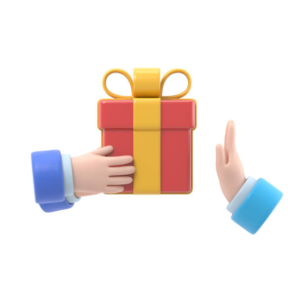 istock Refusal of gift. No corruption concept. Rejecting proposal. Man holding in hand gift box with ribbon. Gesture rejects the proposal. 3D rendering on white background. 1908312431