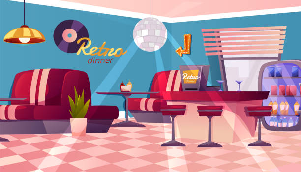 Retro cafe interior American Retro restaurant, diner interior with bar counter. Fast food retro cafe. Panoramic view of eatery. Empty restaurant with vintage decor. indoors bar restaurant sofa stock illustrations