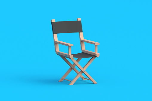 Director chair. Movie industry concept. Cinema production. Professional collapsible armchair. Movie premiere. Equipment for studio. 3d render