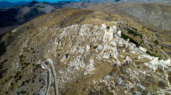 Rocca Calascio 2023. Aerial view of the castle of Rocca Calascio, built in 1140, it is the highest fortification in the Apennines. January 2024 Abruzzo, Italy