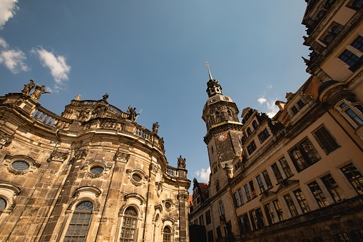 Dresden, Saxony, Germany, Europe - June 10, 2023: Cathedral and Hausmann Tower in the day, landscape photography. Traveling picture of European culture