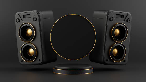 istock 3D rendering black and gold circle podium background with speaker 19 1908346831