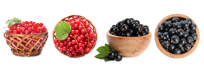 Set with red and black currants isolated on white, top and side views