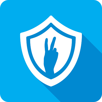 Vector illustration of a shield with peace sign hand against a blue background in flat style.