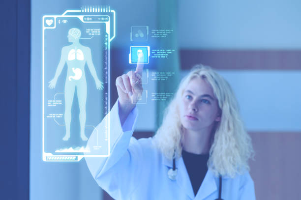 istock Women doctors touch virtual interface screens with digital human health indicators. Hi-tech technology medical diagnostic of the future concept. Double exposure. 1908454895
