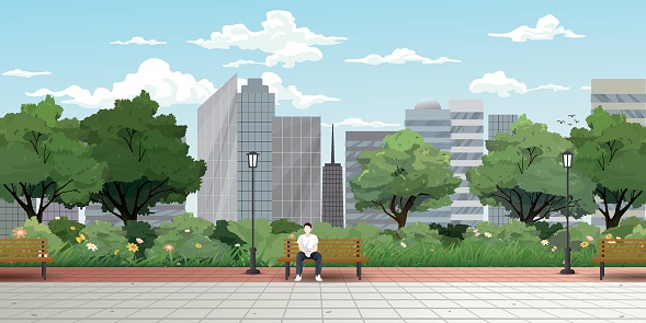 Man sitting on the bench in public park have skyscraper, clouds and blue sky behind vector illustration.