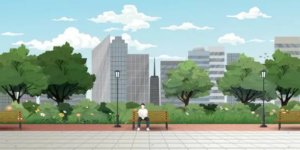 Vector illustration of Man sitting on the bench in public park have skyscraper, clouds and blue sky behind vector illustration.