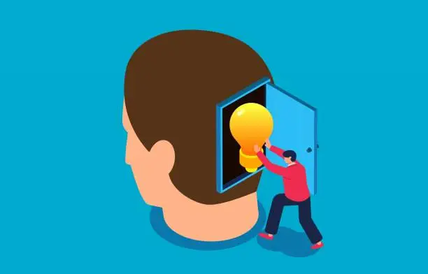 Vector illustration of New ideas, new creativity, learning new skills or knowledge, isometric traders push the glowing light bulb inside the brain