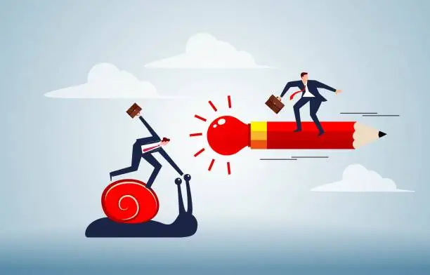 Vector illustration of Strengths and Competitiveness, Improving Professional Efficiency to Win the Competition, Innovative Ideas Help Businessmen Win Success, Businessmen Riding Snails Are Slower Than Those Sitting on Flying Light Bulb Pencils