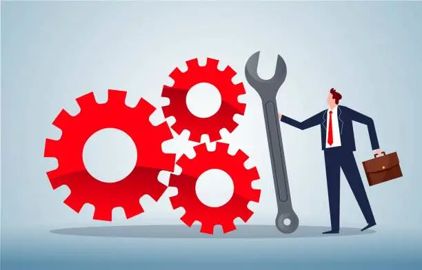 Vector illustration of Project or product optimization and service, project management and maintenance, businessman standing with a wrench next to three linked gears