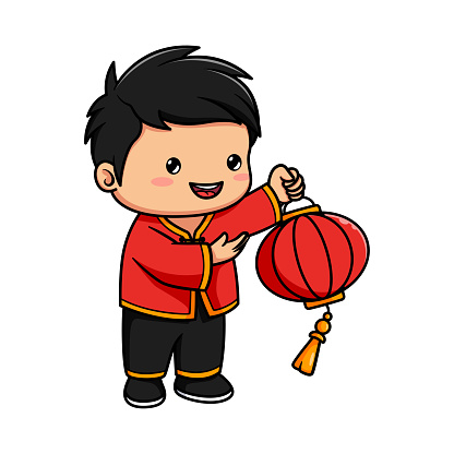 cartoon boy celebrating Chinese New Year by holding a lantern