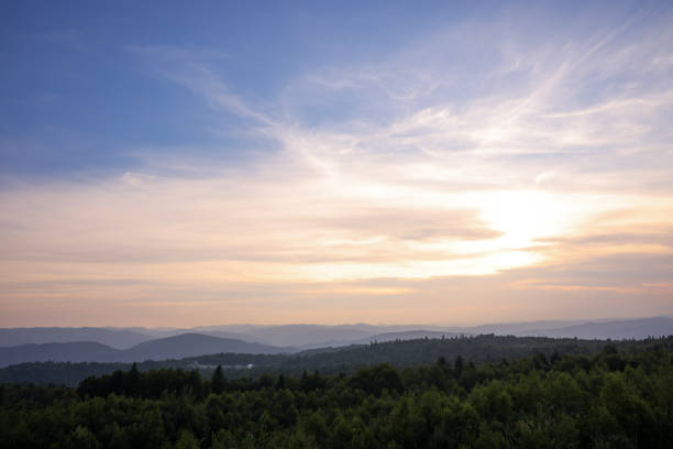 Picturesque view of mountains covered with forest under sky