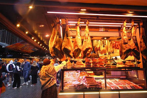 Barcelona, Spain-Nobember,3, 2023:This is La Boqueria market in Barcelona, Spain. The official name is Sant Josep Market. However, its common name, Boqueria, which means ``stomach'' in the local language, is more popular.
One of the oldest markets in Europe in existence. Established in 1217.
It is located along Las Ramblas. We have everything from our famous hams, sausages, fruits, nuts, fish, vegetables, juices, sweets, etc.
Many tourists visit.