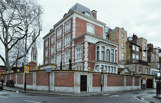 Vauxhall Bridge Road, London, England - November 12th 2023:  The Embassy of Lithuania is an fine example of classic English architecture on a rainy autumn day