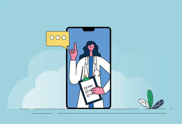 Vector illustration of Female doctor uses mobile phone video to see a doctor, remote video medical treatment.